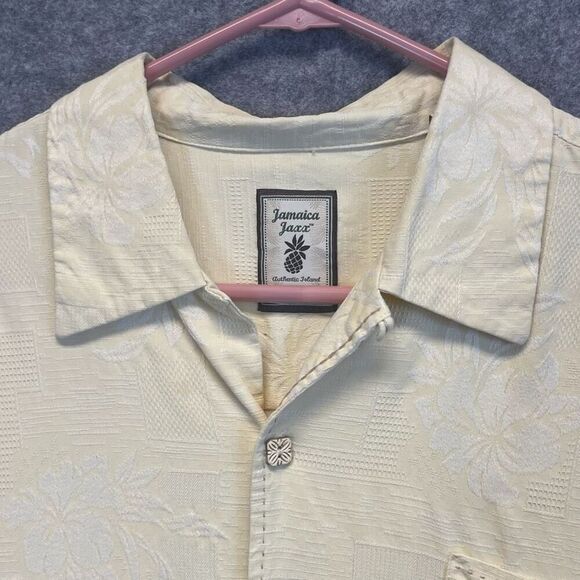 JAMAICA JAXX 100% Silk Hawaiian Shirt Mens Large Cream Floral Jacquard Button-up - Picture 3 of 15